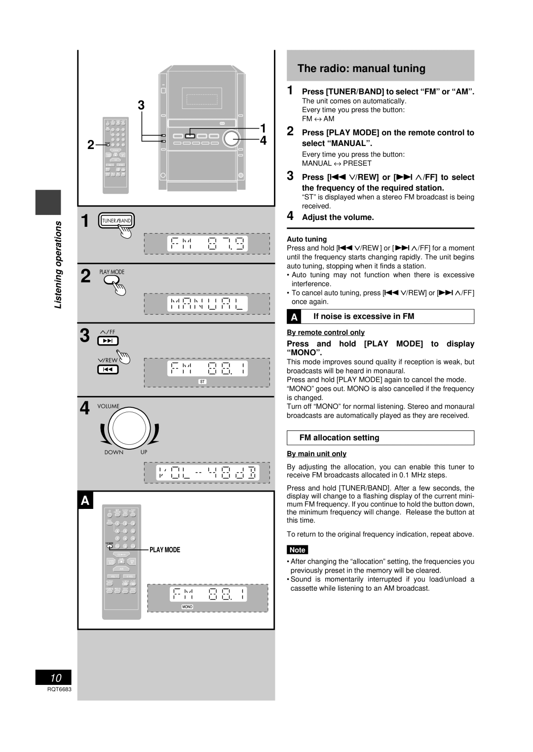 Panasonic SC-PM18 3 FF, The radio manual tuning, Listening, Press TUNER/BAND to select “FM” or “AM”, Adjust the volume 