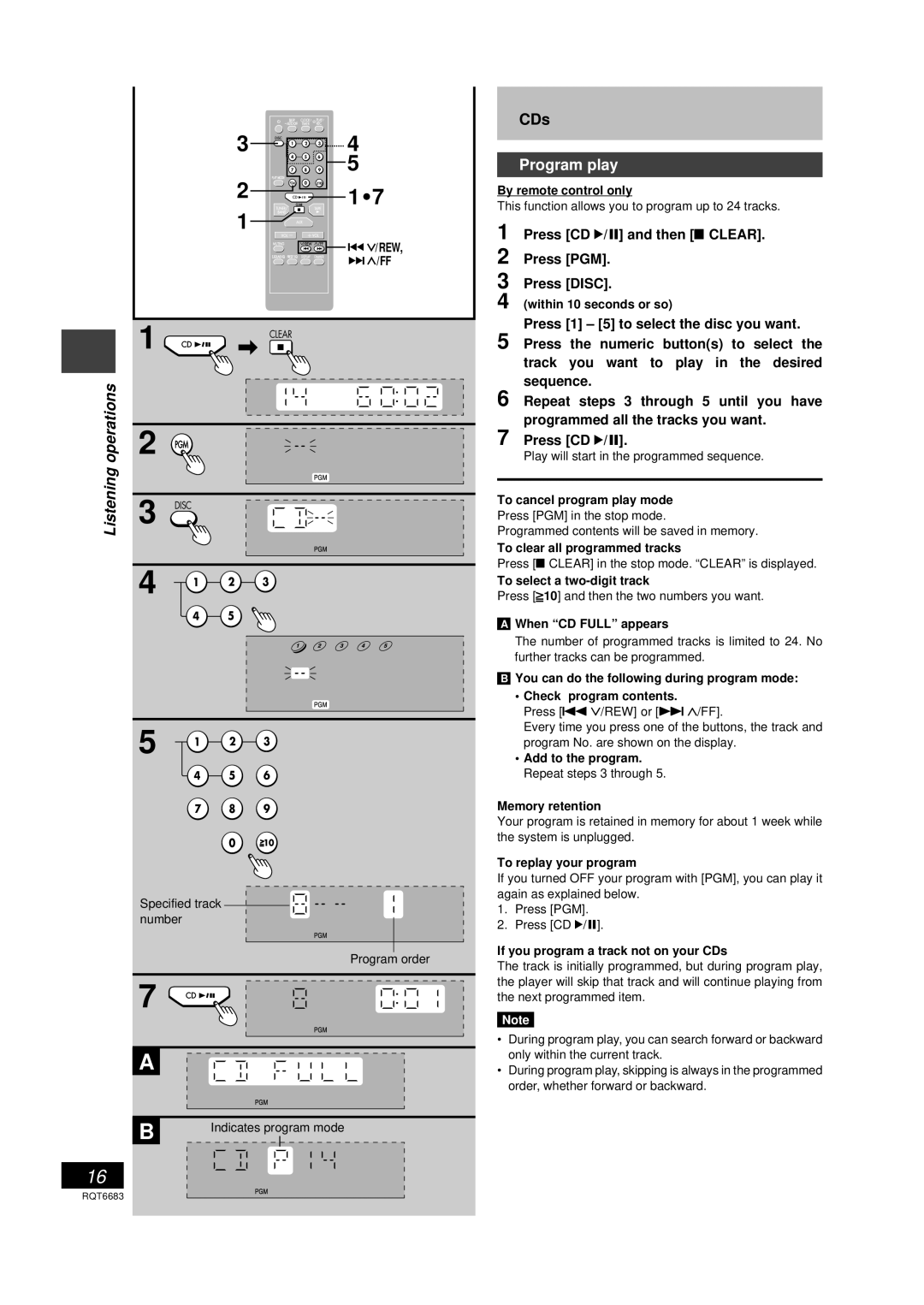 Panasonic SC-PM18 manual 7 CD, Program play, Press CD 2/ J and then L CLEAR. 2 Press PGM, operations, Press DISC 