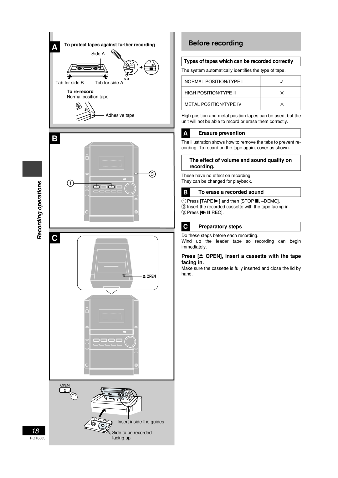 Panasonic SC-PM18 manual Before recording, Types of tapes which can be recorded correctly, AErasure prevention 