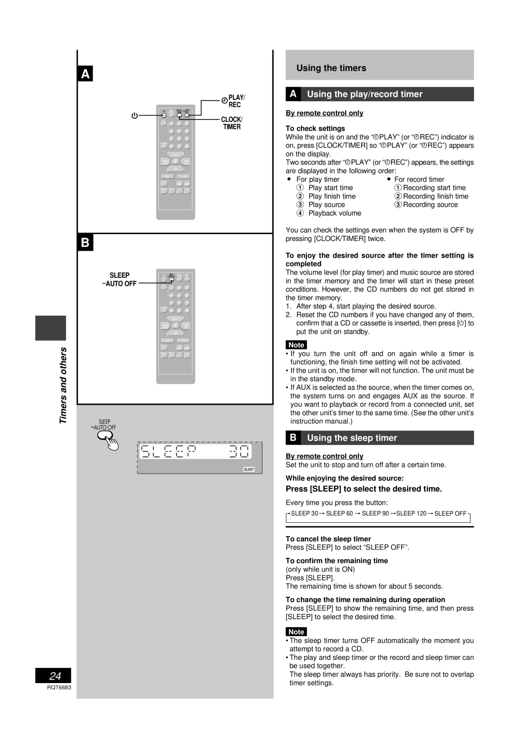 Panasonic SC-PM18 manual Using the timers, AUsing the play/record timer, BUsing the sleep timer, Play, Timers and others 
