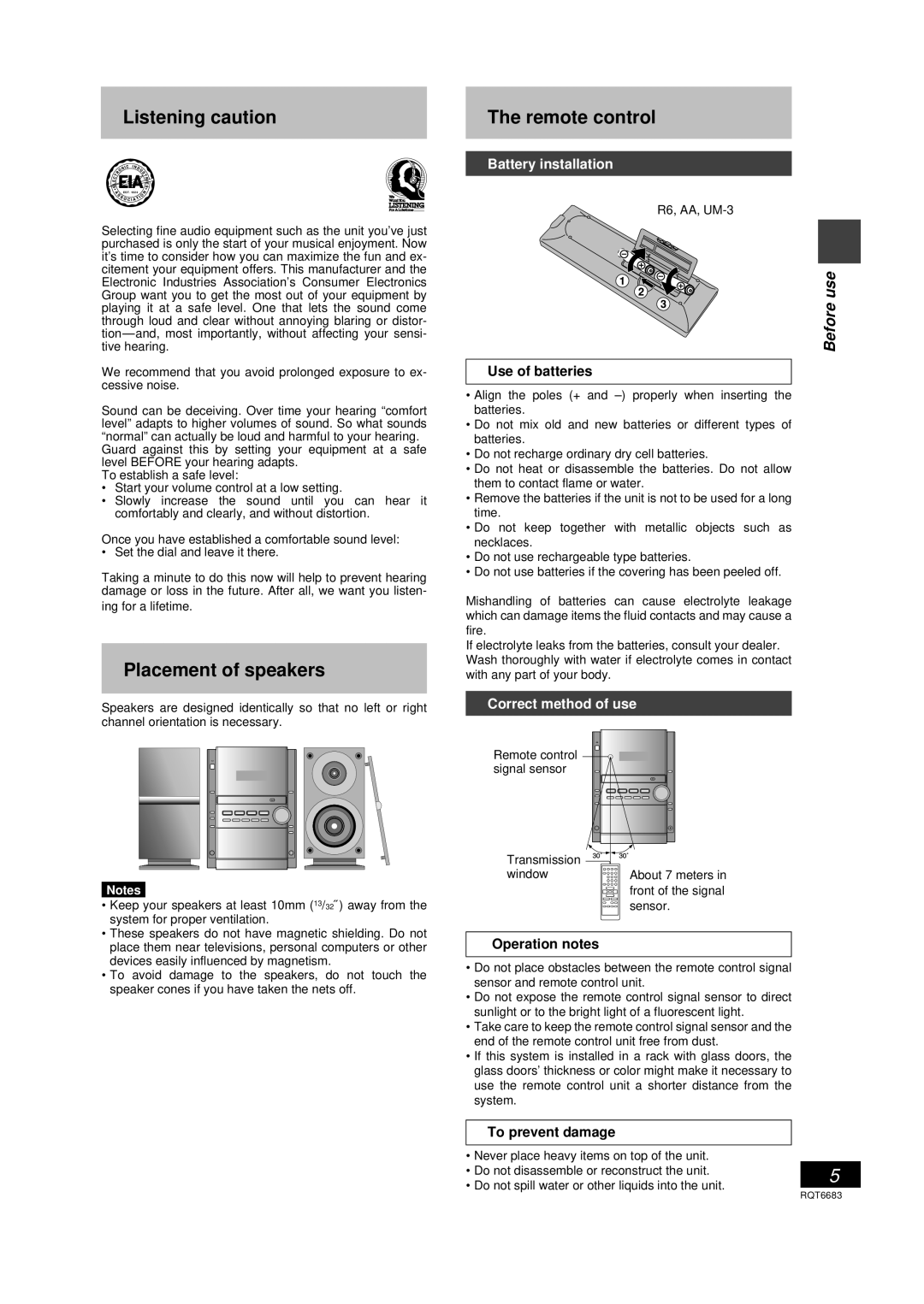 Panasonic SC-PM18 Listening caution, Placement of speakers, The remote control, Battery installation, Use of batteries 