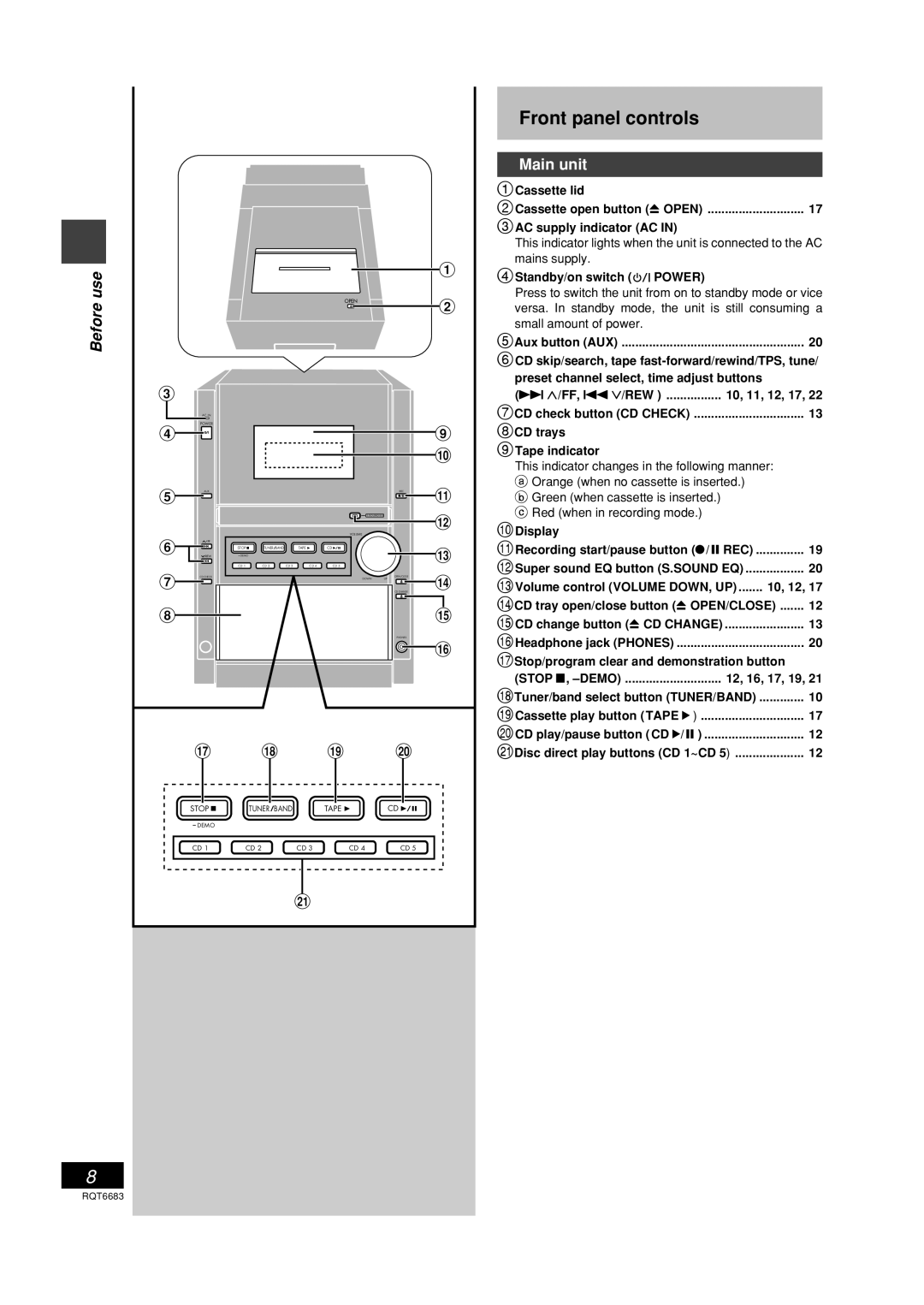 Panasonic SC-PM18 manual Front panel controls, Before, 1Main unit 