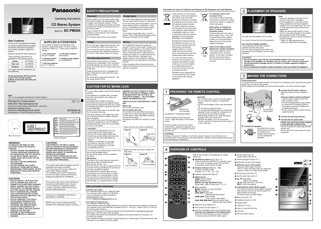 Panasonic SC-PM200 operating instructions Placement, Foreign matter, Voltage, AC mains lead protection 