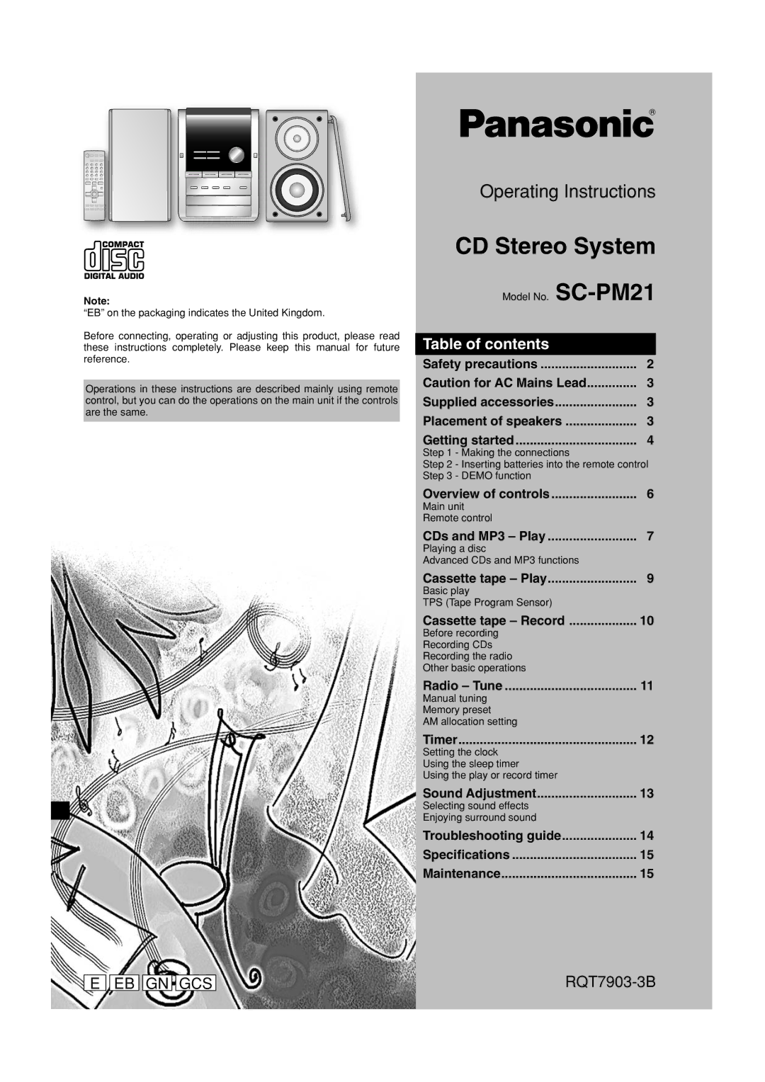 Panasonic SC-PM21 specifications CD Stereo System, Table of contents 