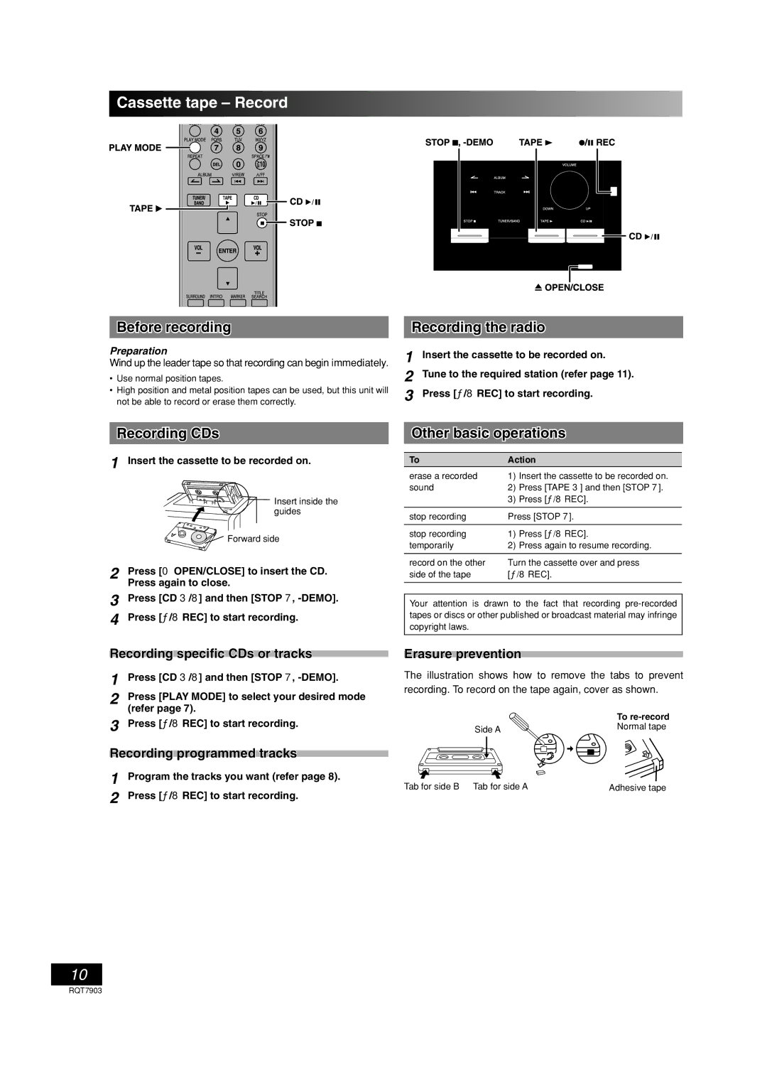 Panasonic SC-PM21 Cassette tape Record, Before recording Recording the radio, Recording CDs, Other basic operations 