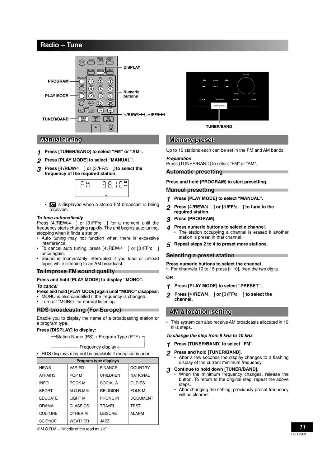 Panasonic SC-PM21 specifications Radio Tune, Manual tuning, Memory preset, AM allocation setting 