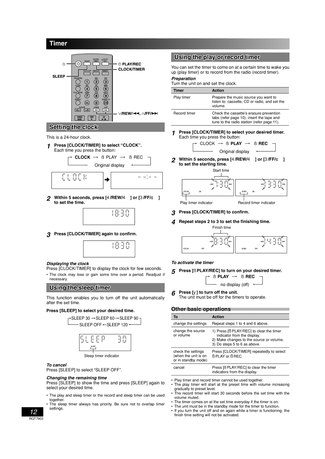 Panasonic SC-PM21 specifications Timer, Setting the clock, Using the sleep timer, Using the play or record timer 