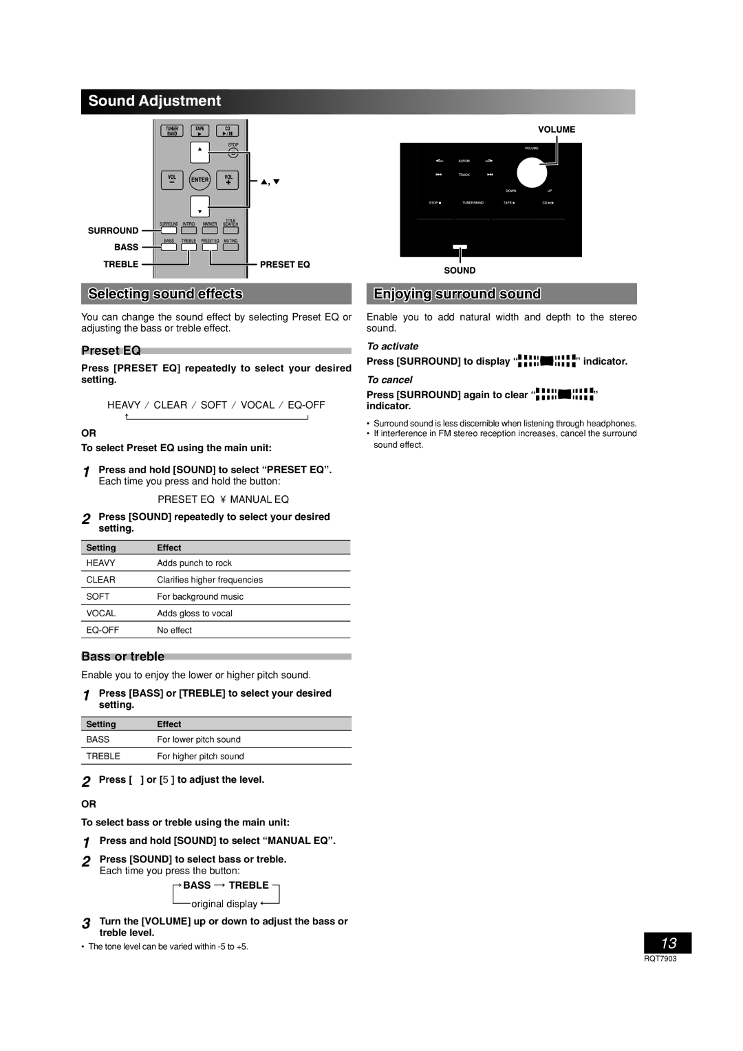 Panasonic SC-PM21 Sound Adjustment, Selecting sound effects, Enjoying surround sound, Preset EQ, Bass or treble 