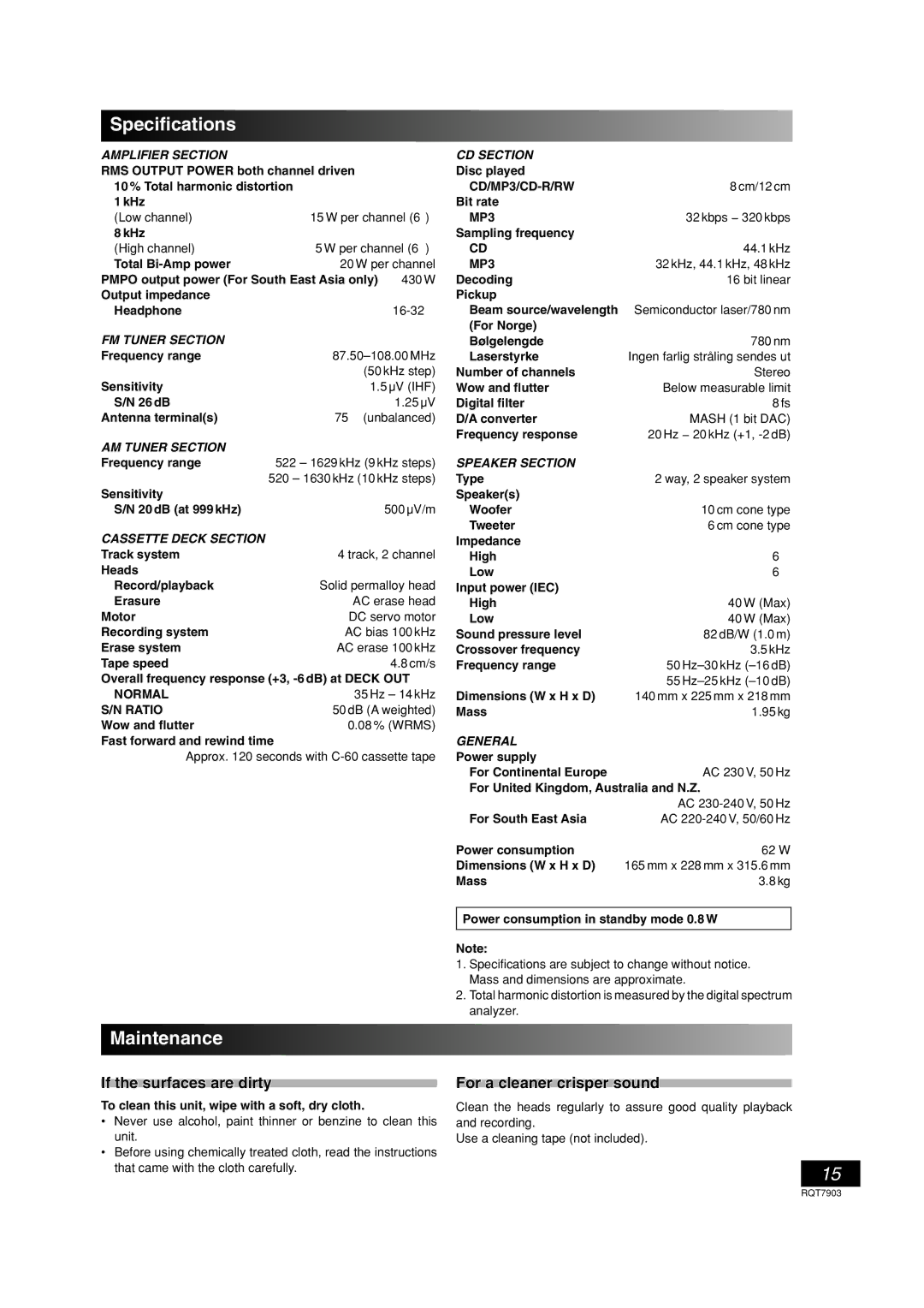 Panasonic SC-PM21 specifications Speciﬁcations, Maintenance, If the surfaces are dirty, For a cleaner crisper sound 