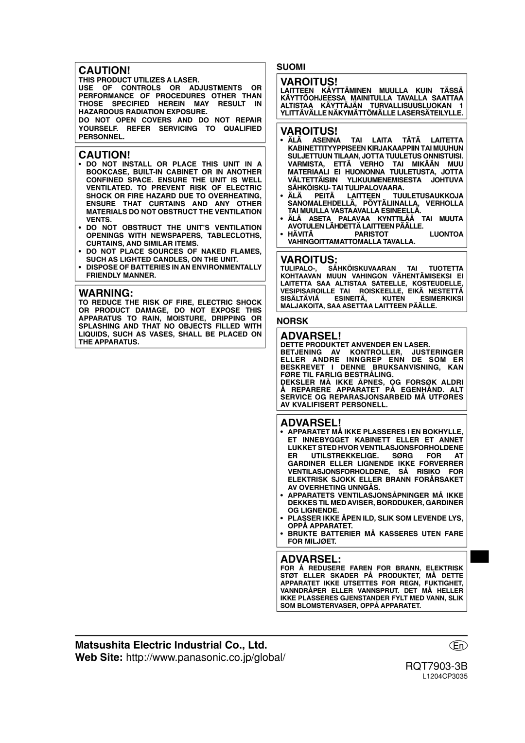 Panasonic SC-PM21 specifications Varoitus 