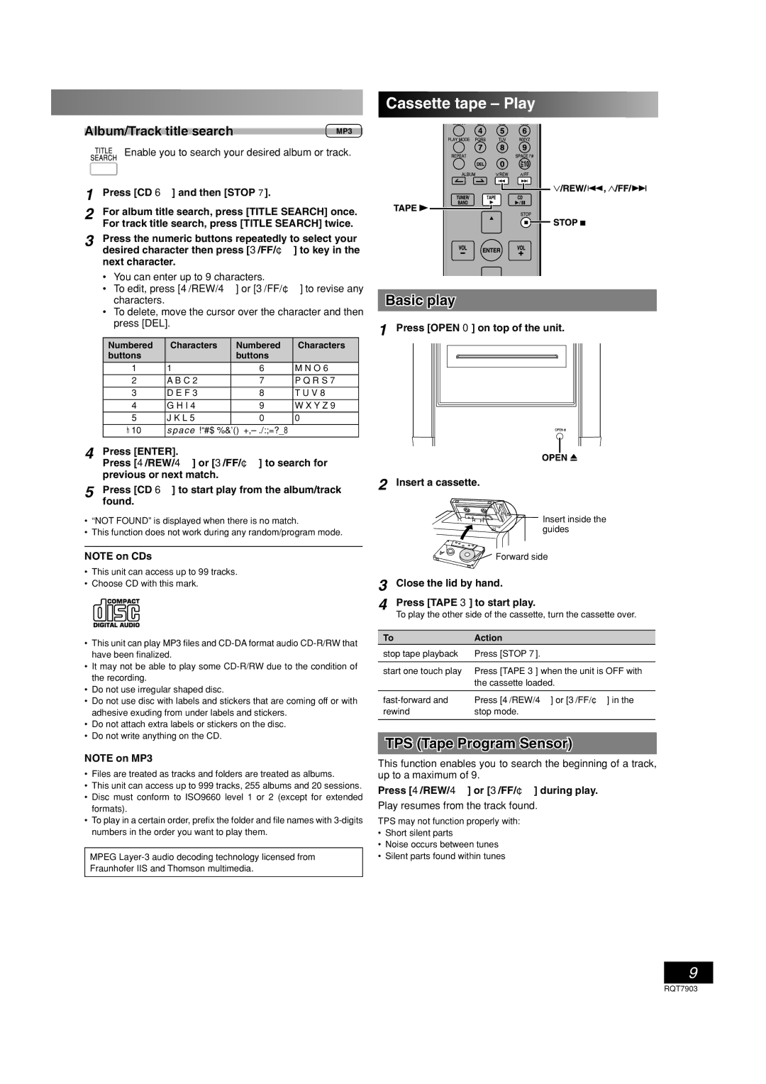 Panasonic SC-PM21 specifications Cassette tape Play, Basic play, TPS Tape Program Sensor, Album/Track title search 