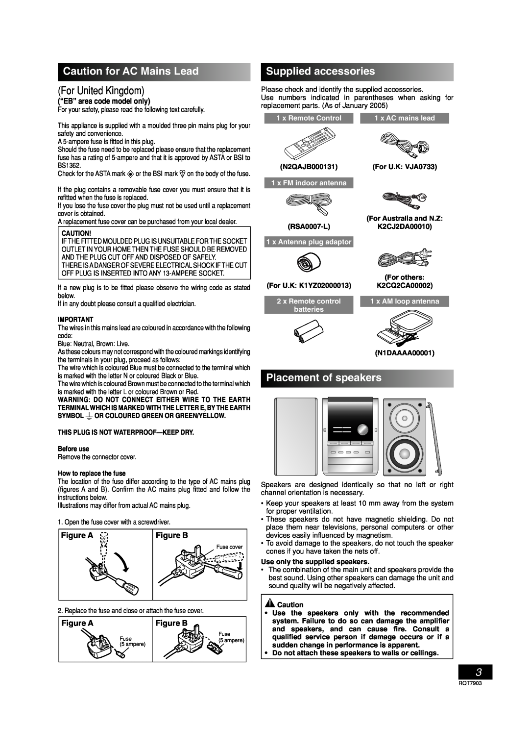 Panasonic SC-PM21 specifications Caution for AC Mains Lead, For United Kingdom, Supplied accessories, Placement of speakers 