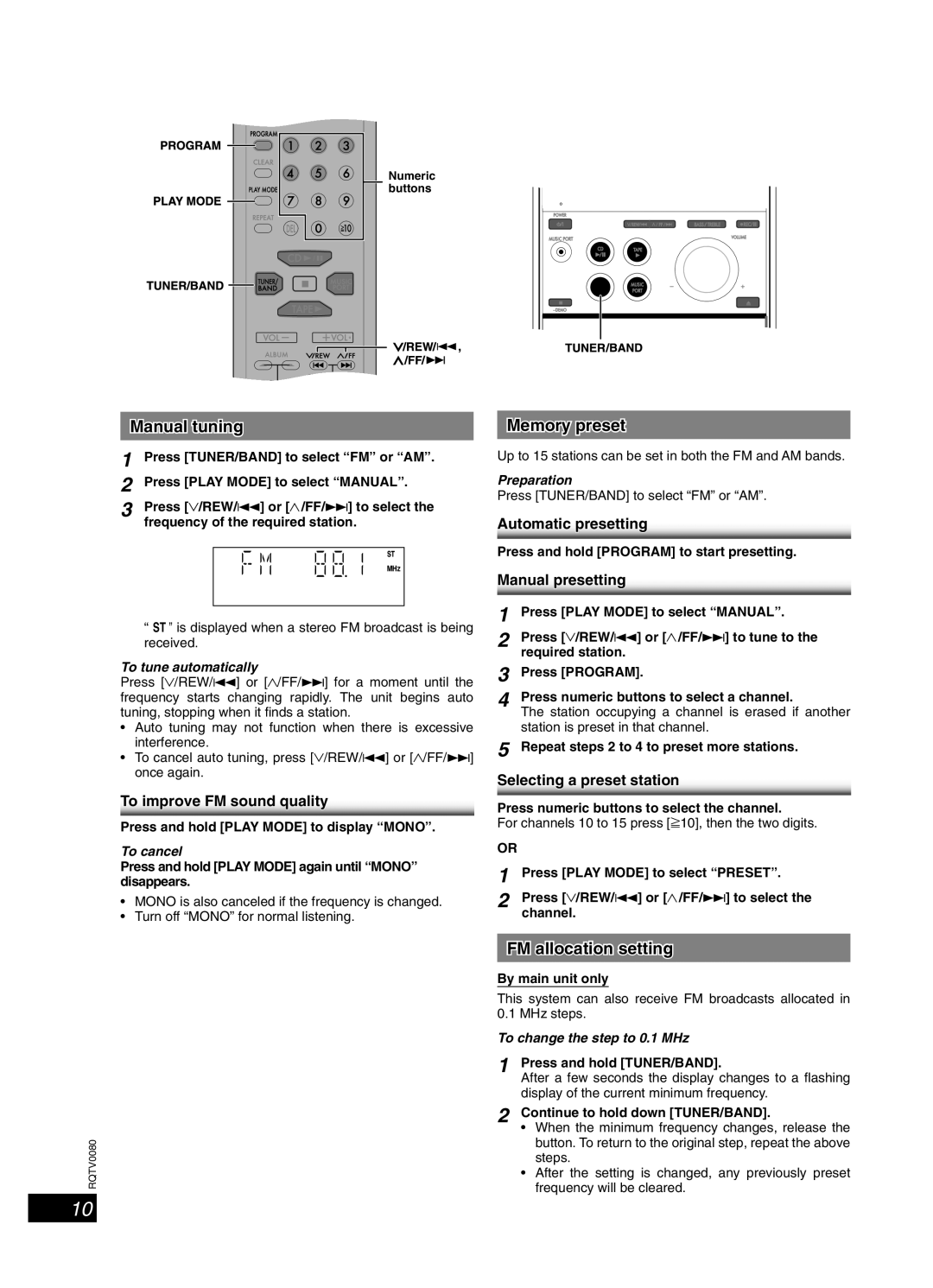 Panasonic SC-PM23, RQTV0080-1P important safety instructions Radio, Manual tuning, Memory preset, FM allocation setting 