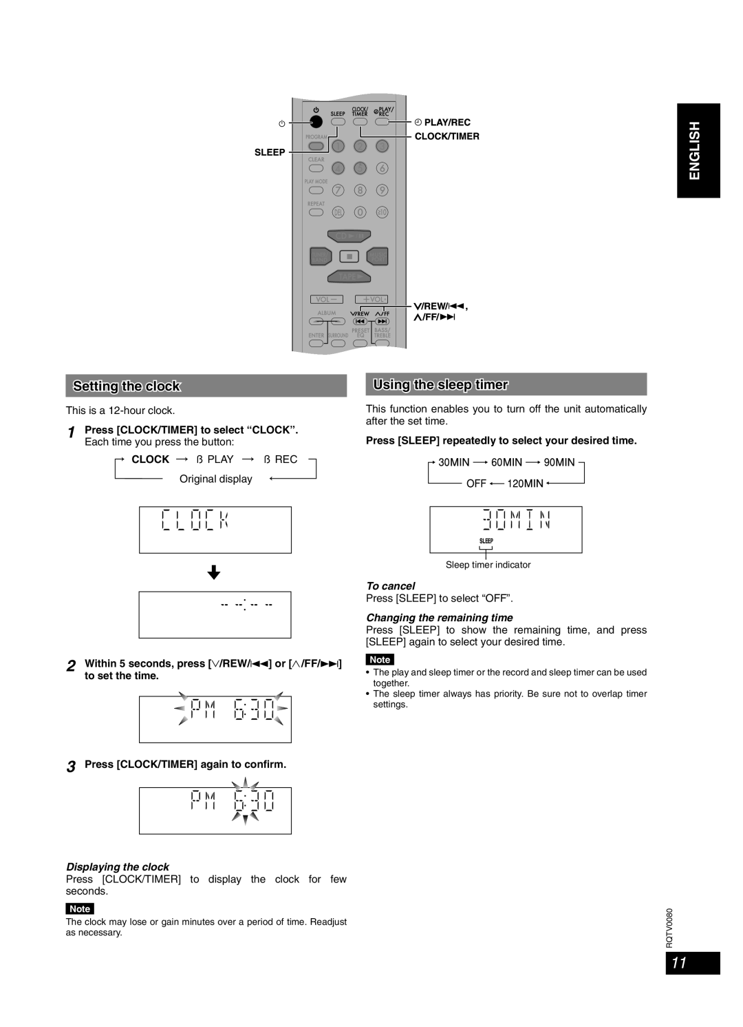 Panasonic RQTV0080-1P Timer, Setting the clock, Using the sleep timer, Displaying the clock, Changing the remaining time 