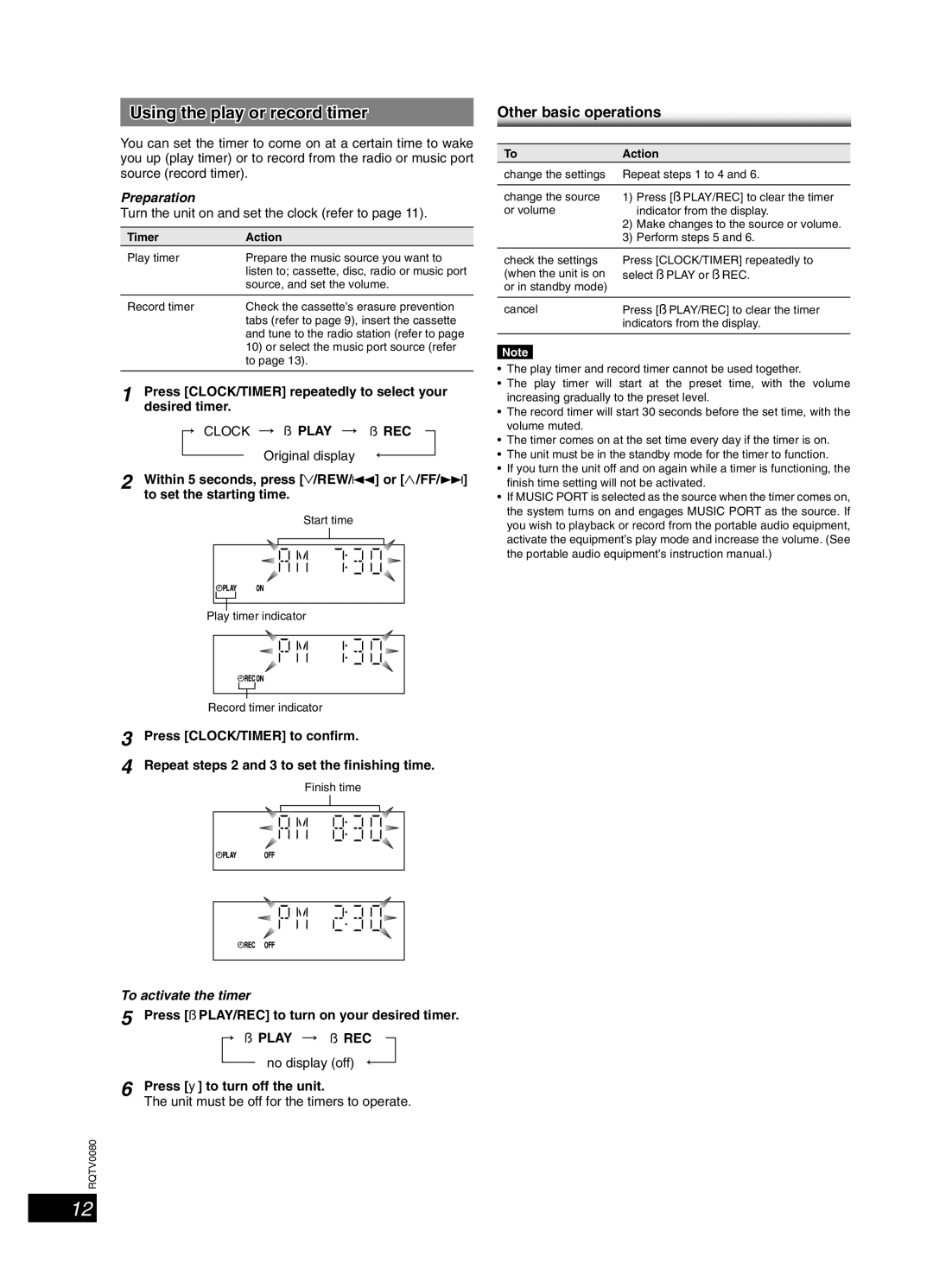 Panasonic SC-PM23, RQTV0080-1P important safety instructions Using the play or record timer, ˚ Play, To activate the timer 