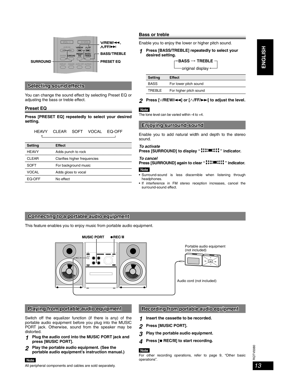 Panasonic RQTV0080-1P, SC-PM23 important safety instructions Sound adjustment, External unit 