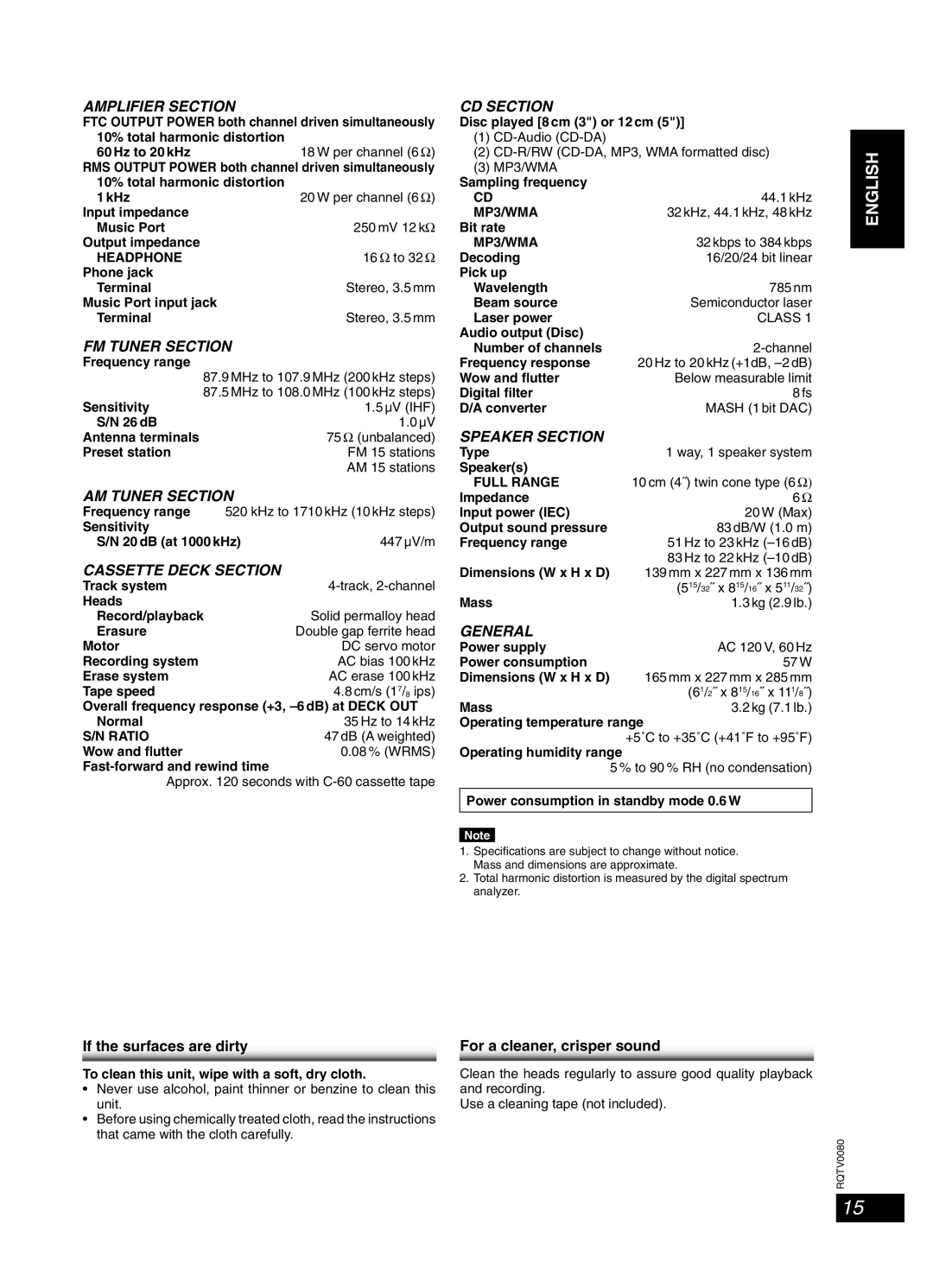 Panasonic RQTV0080-1P, SC-PM23 Speciﬁcations, Maintenance, If the surfaces are dirty, For a cleaner, crisper sound 