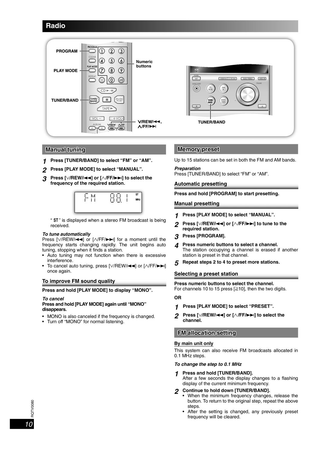 Panasonic SC-PM23 Radio, Manual tuning, Memory preset, FM allocation setting, To improve FM sound quality, To cancel 