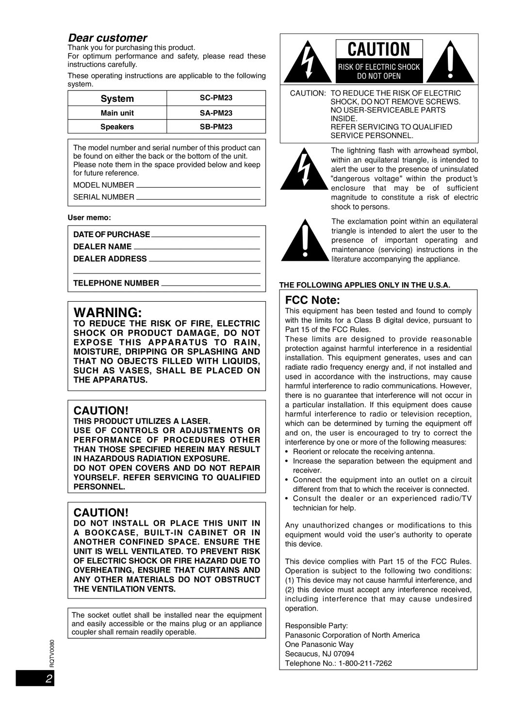 Panasonic SC-PM23, RQTV0080-1P important safety instructions FCC Note, System 