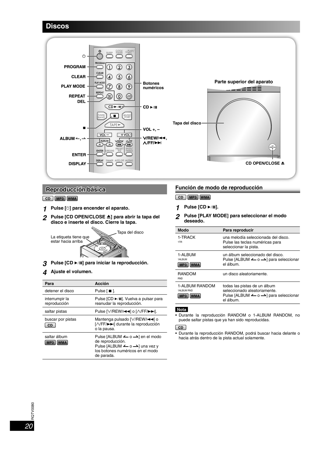 Panasonic SC-PM23 Discos, Reproducción básica, Función de modo de reproducción, Pulse y para encender el aparato, Nota 