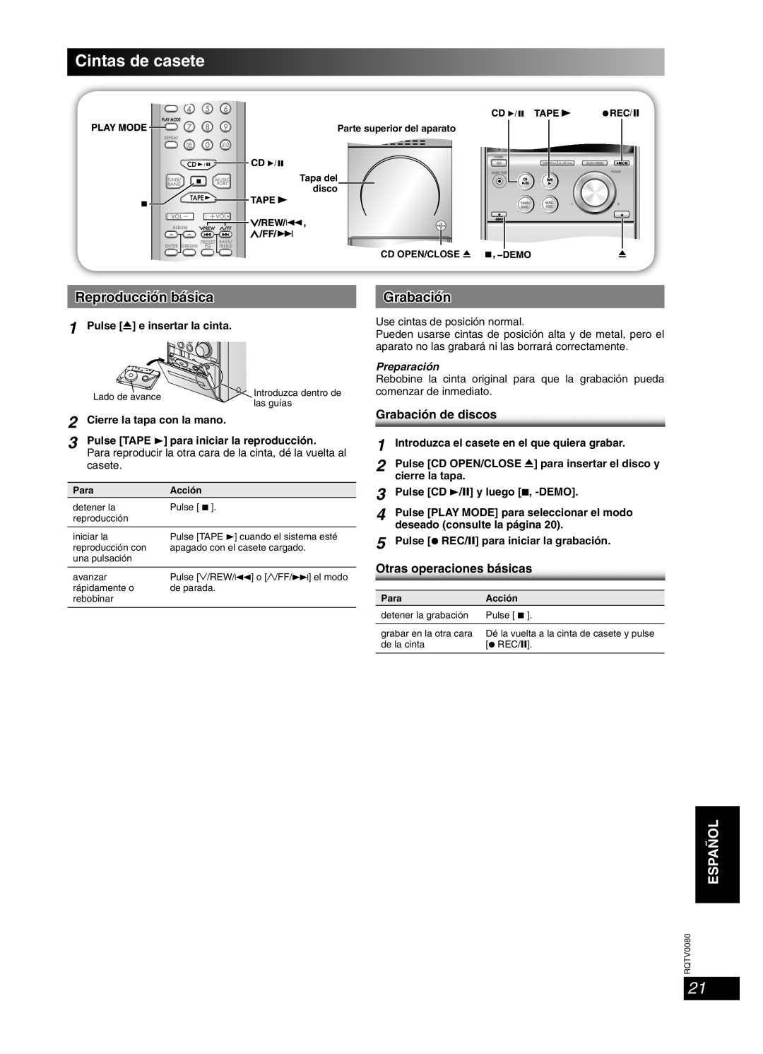 Panasonic RQTV0080-1P, SC-PM23 Cintas de casete, Grabación de discos, Otras operaciones básicas, Preparación, Español 