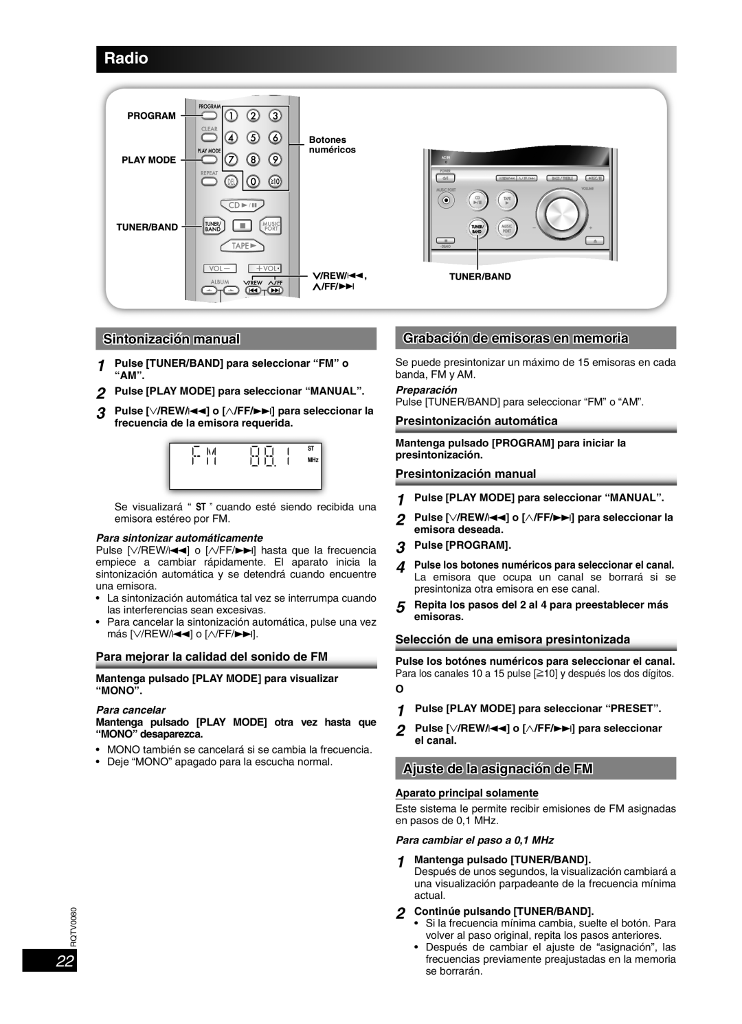 Panasonic SC-PM23 Sintonización manual, Grabación de emisoras en memoria, Ajuste de la asignación de FM, Para cancelar 