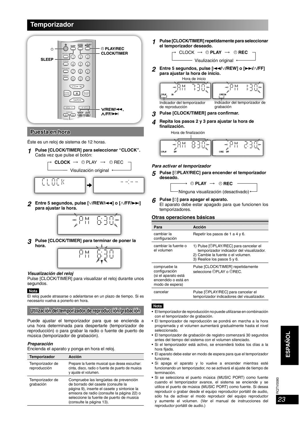 Panasonic RQTV0080-1P, SC-PM23 Temporizador, Puesta en hora, Visualización del reloj, Español, Otras operaciones básicas 