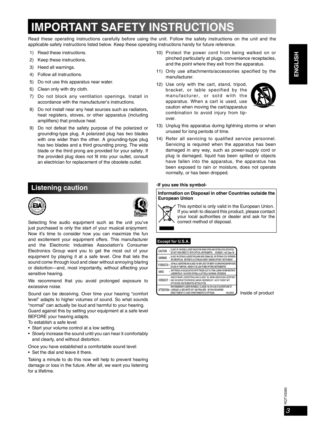 Panasonic RQTV0080-1P, SC-PM23 Listening caution, ENGLISH English, Important Safety Instructions 