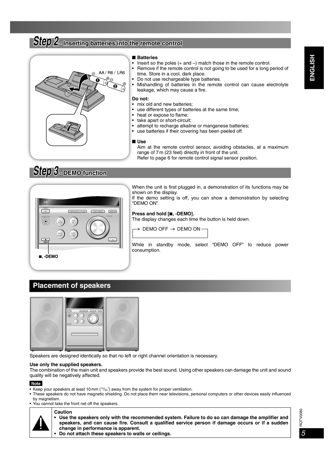 Panasonic RQTV0080-1P, SC-PM23 important safety instructions Placement of speakers, DEMO function, ENGLISH English English 