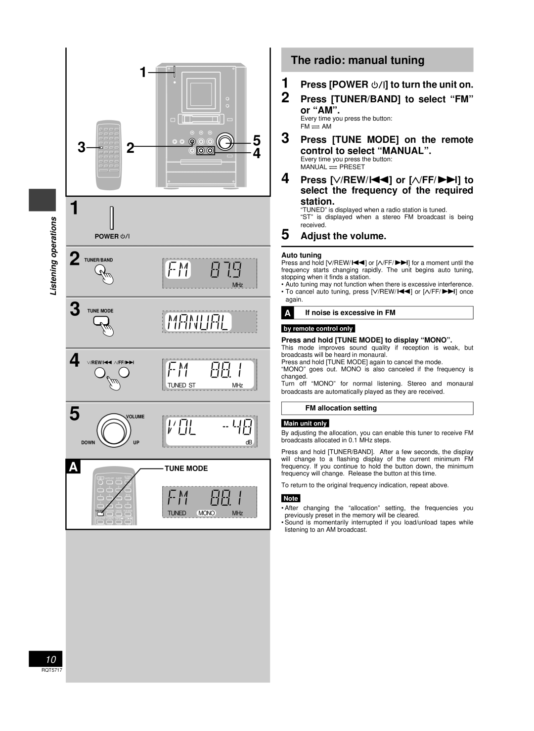 Panasonic SC-PM25 Radio manual tuning, Press Tune Mode on the remote control to select Manual, Adjust the volume 