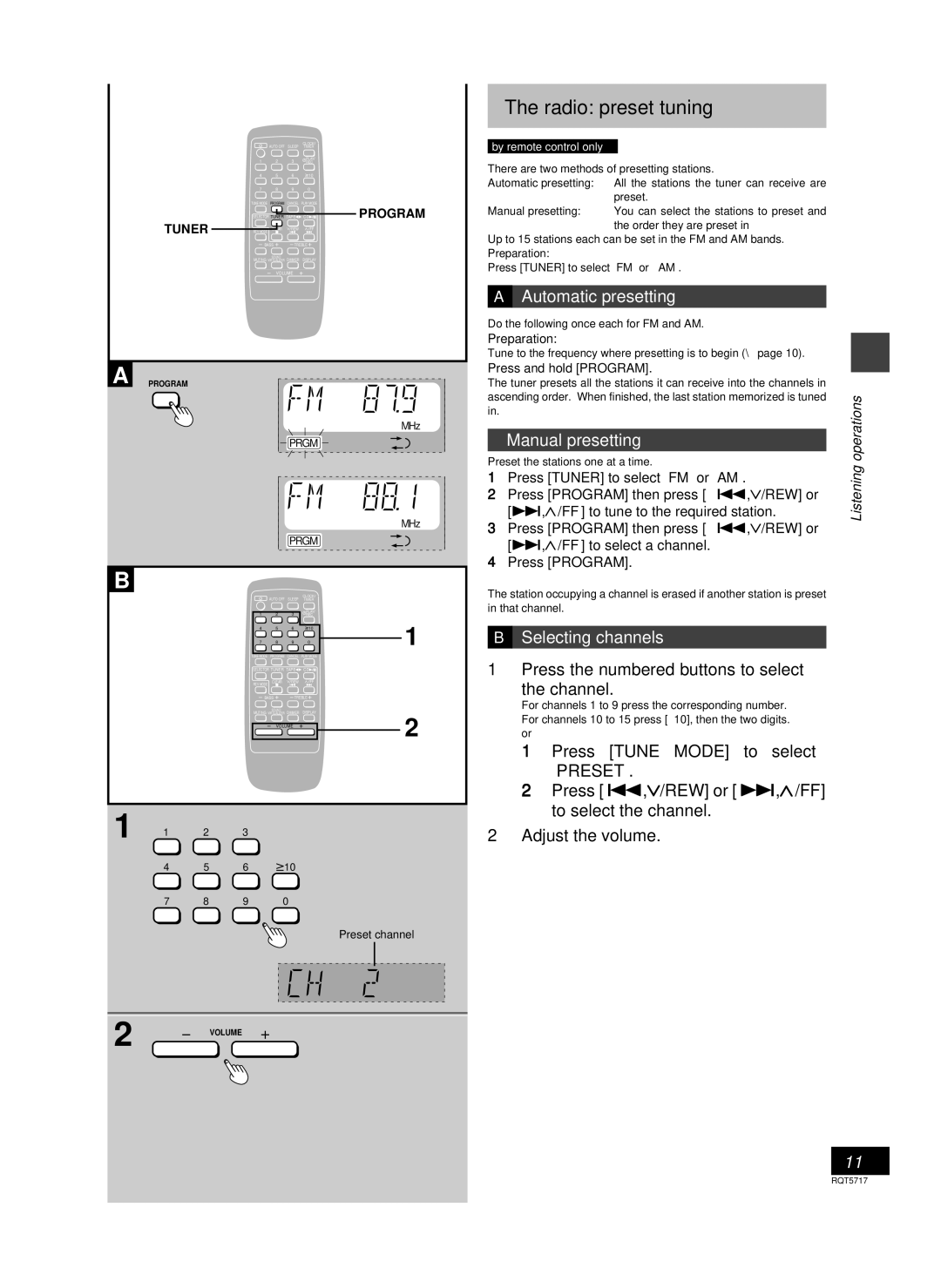 Panasonic SC-PM25 manual Radio preset tuning, Automatic presetting, Manual presetting, Selecting channels 