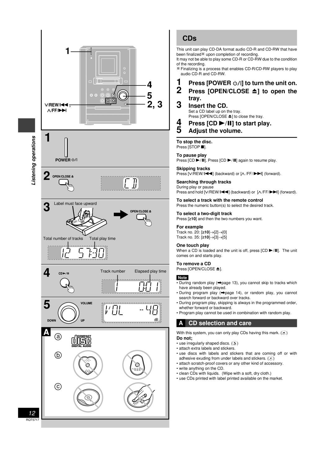 Panasonic SC-PM25 manual CDs, Press CD -/ J to start play Adjust the volume, CD selection and care, Operations, Listening 