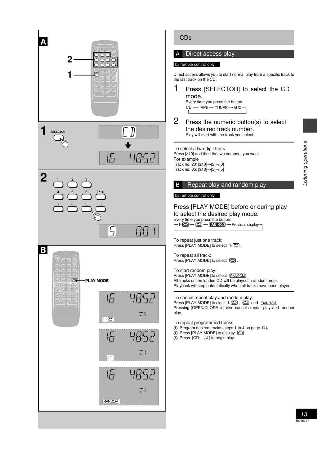 Panasonic SC-PM25 manual CDs, Direct access play, Press Selector to select the CD mode, Repeat play and random play 