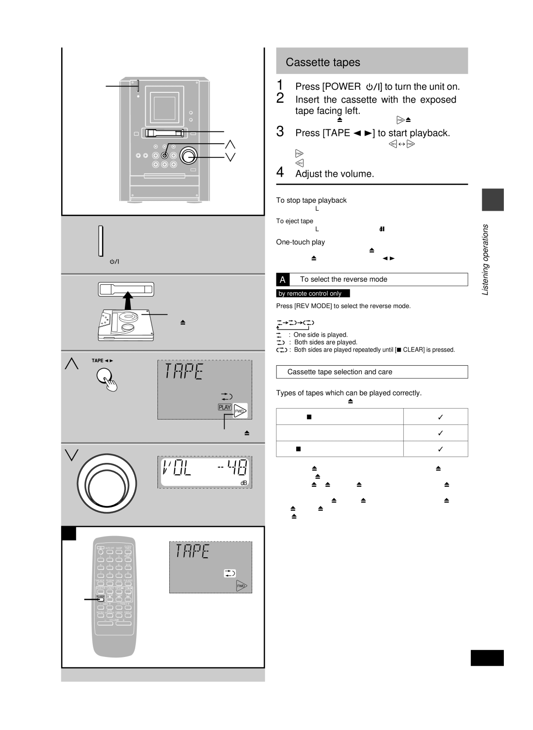 Panasonic SC-PM25 manual Cassette tapes, Press Power, Insert the cassette with the exposed, Tape facing left 