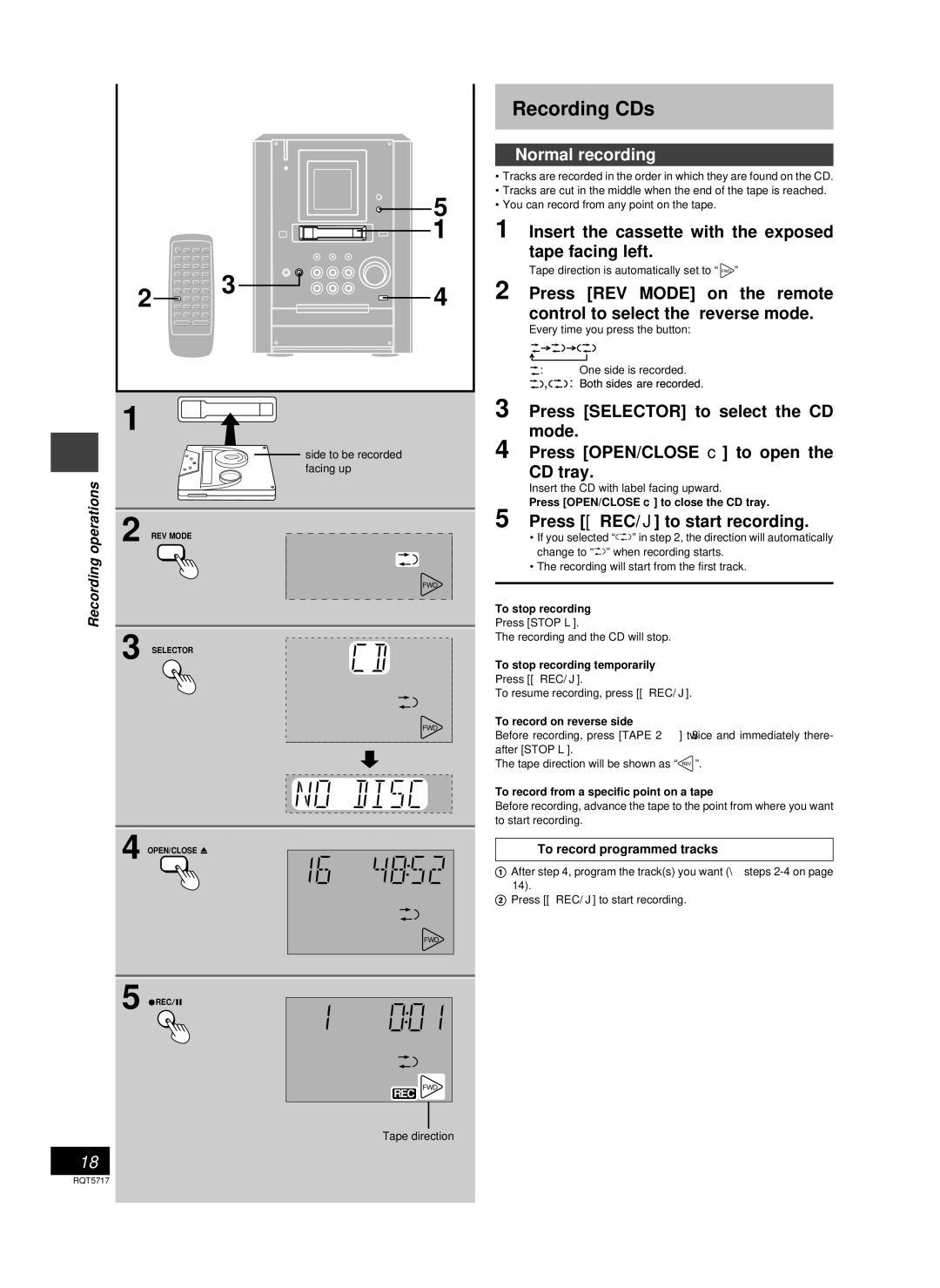 Panasonic SC-PM25 manual Recording CDs, Normal recording, Insert the cassette with the exposed tape facing left 