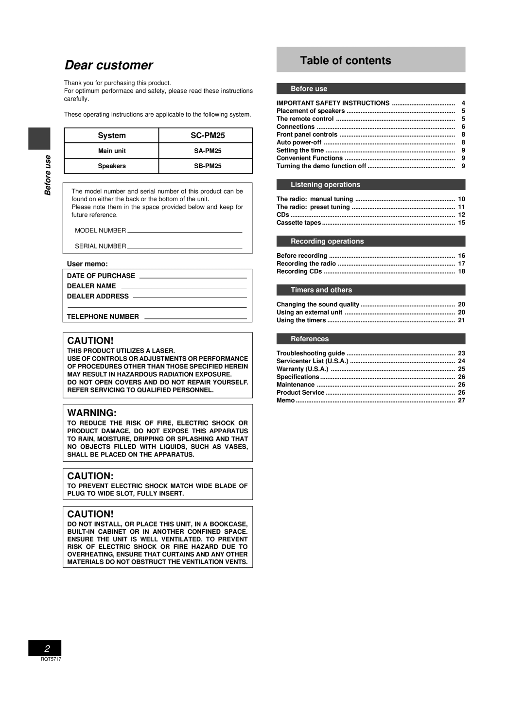 Panasonic SC-PM25 manual Dear customer, Table of contents 