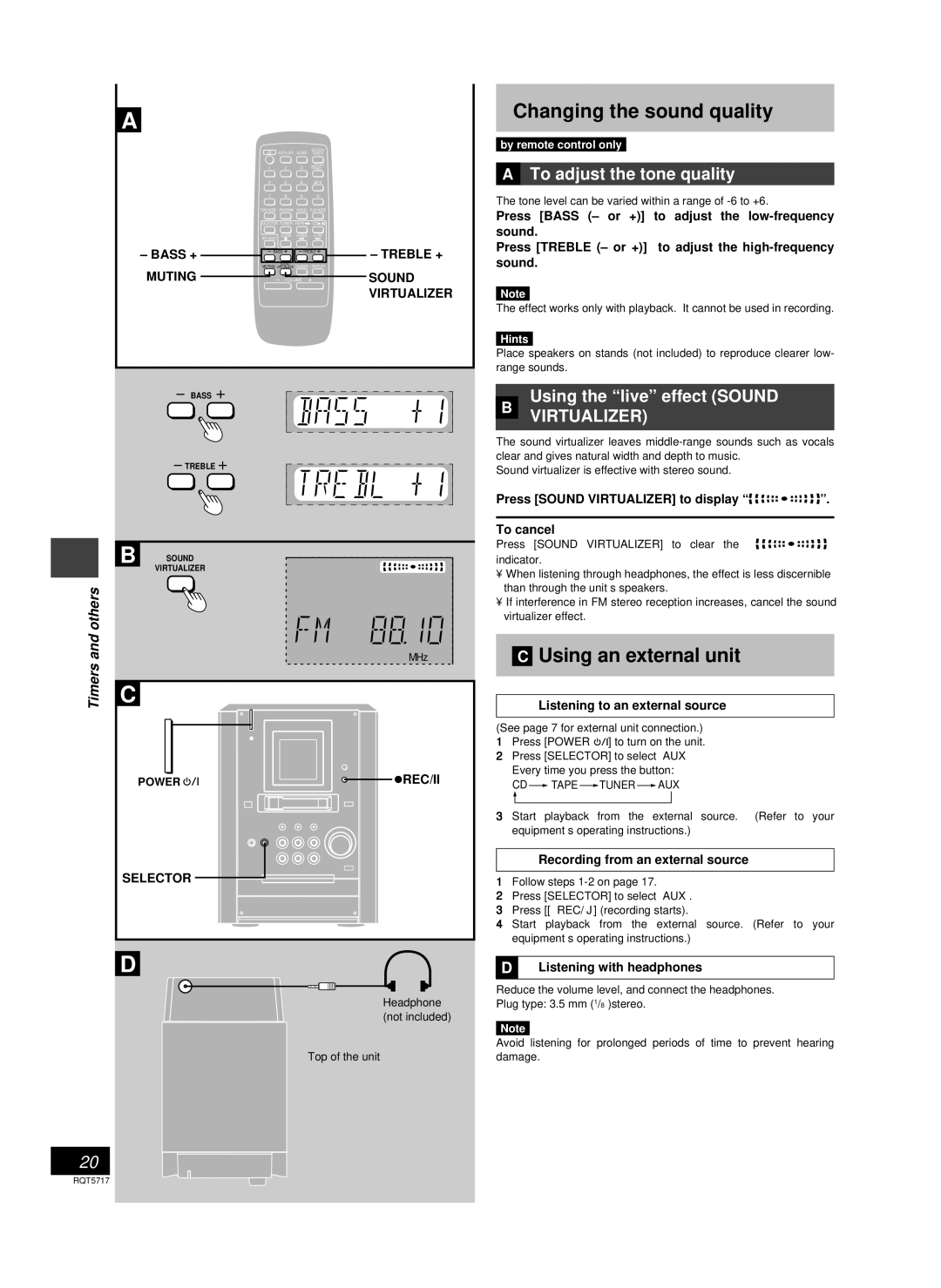 Panasonic SC-PM25 manual Changing the sound quality, Using an external unit, To adjust the tone quality 