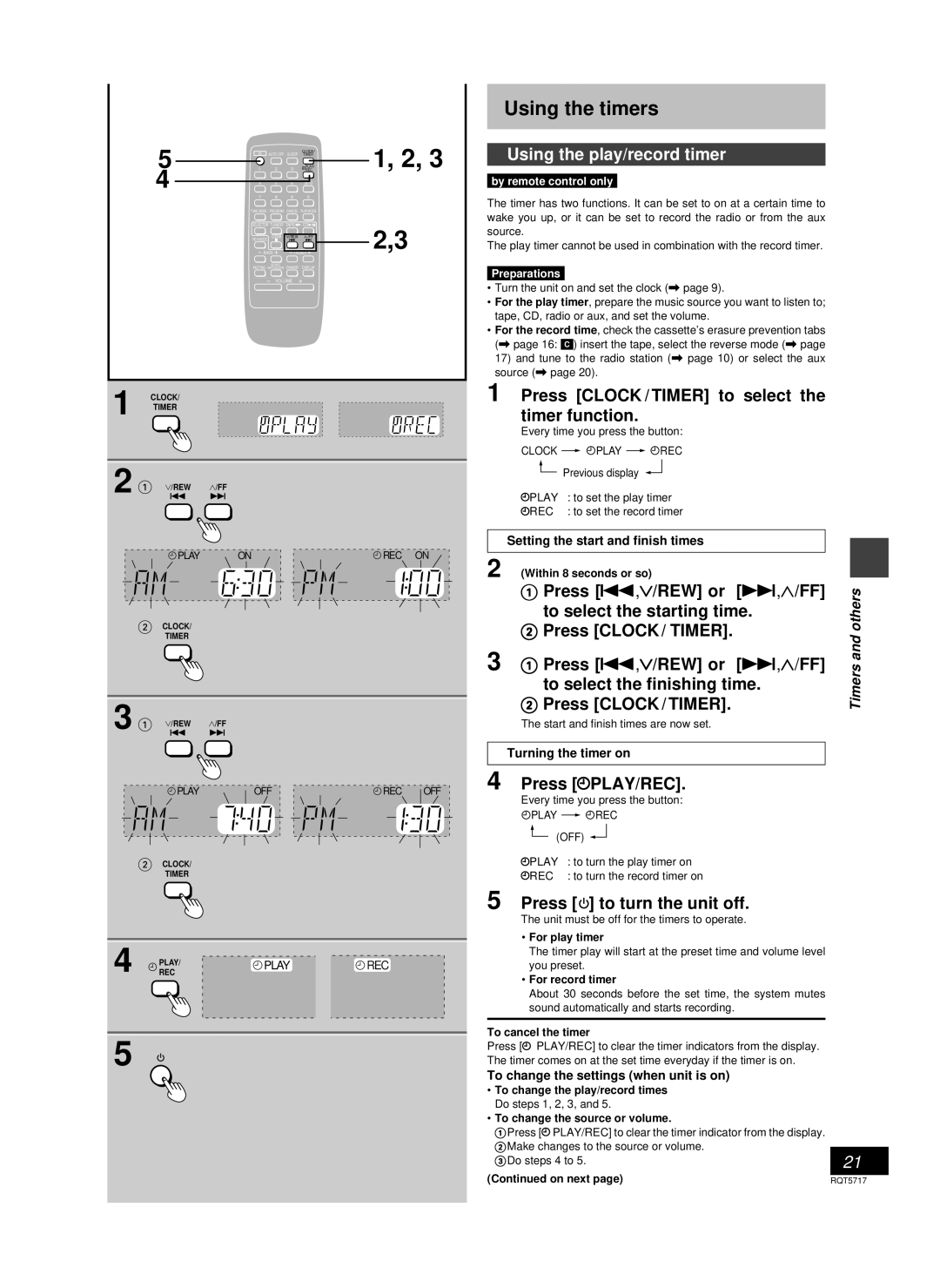 Panasonic SC-PM25 manual Using the timers, Using the play/record timer, Press ûPLAY/REC, Press to turn the unit off 