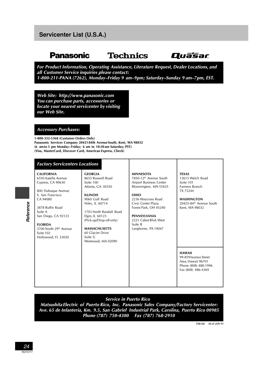 Panasonic SC-PM25 manual Servicenter List U.S.A, Reference 