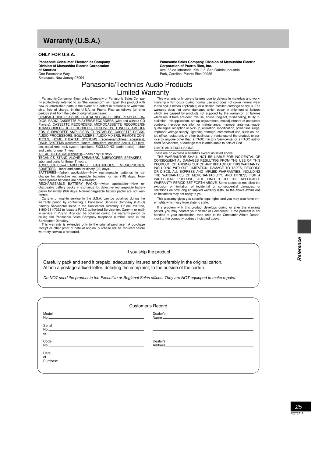 Panasonic SC-PM25 manual Warranty U.S.A, Panasonic/Technics Audio Products Limited Warranty, Only for U.S.A 