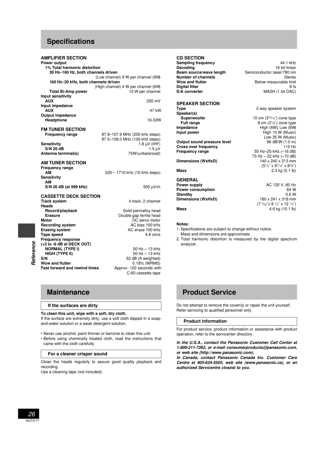 Panasonic SC-PM25 manual Specifications, Maintenance, Product Service 