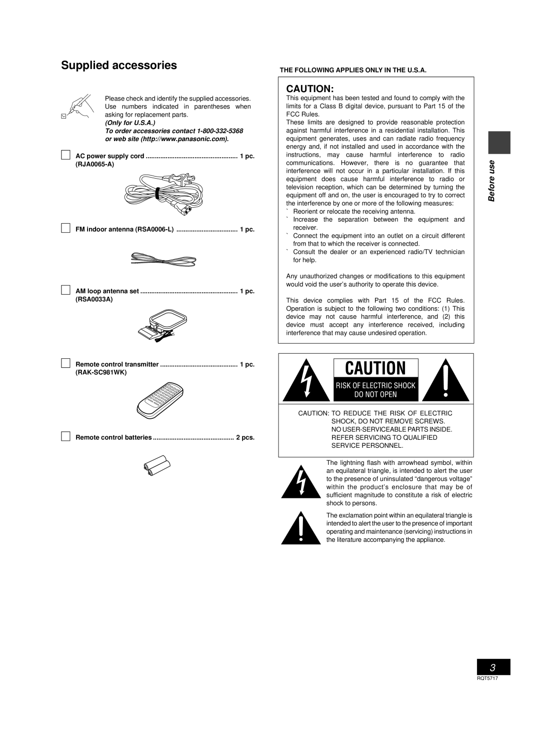 Panasonic SC-PM25 manual Supplied accessories, RJA0065-A, RSA0033A, RAK-SC981WK 