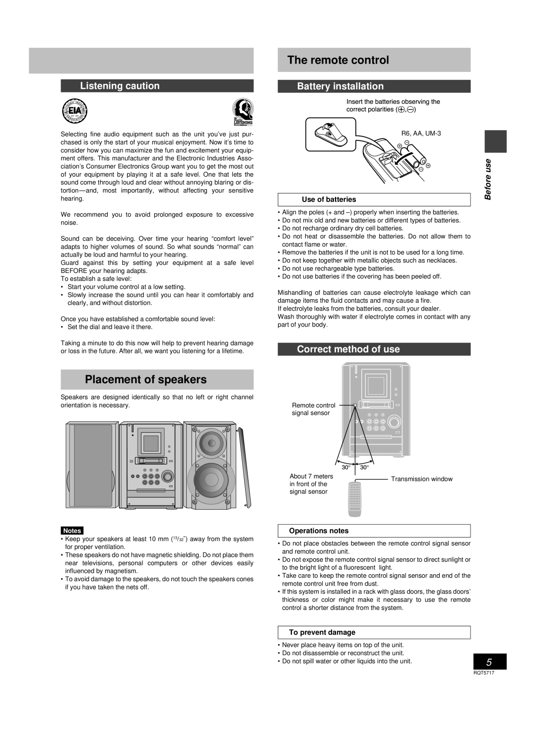 Panasonic SC-PM25 Remote control, Placement of speakers, Listening caution, Battery installation, Correct method of use 