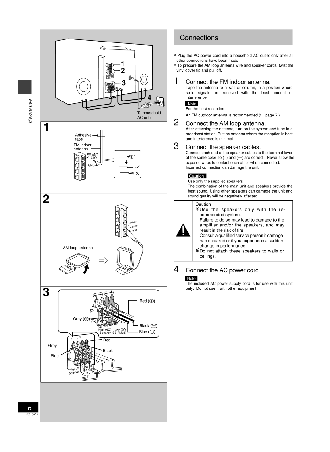 Panasonic SC-PM25 Connections, Connect the FM indoor antenna, Connect the AM loop antenna, Connect the speaker cables 