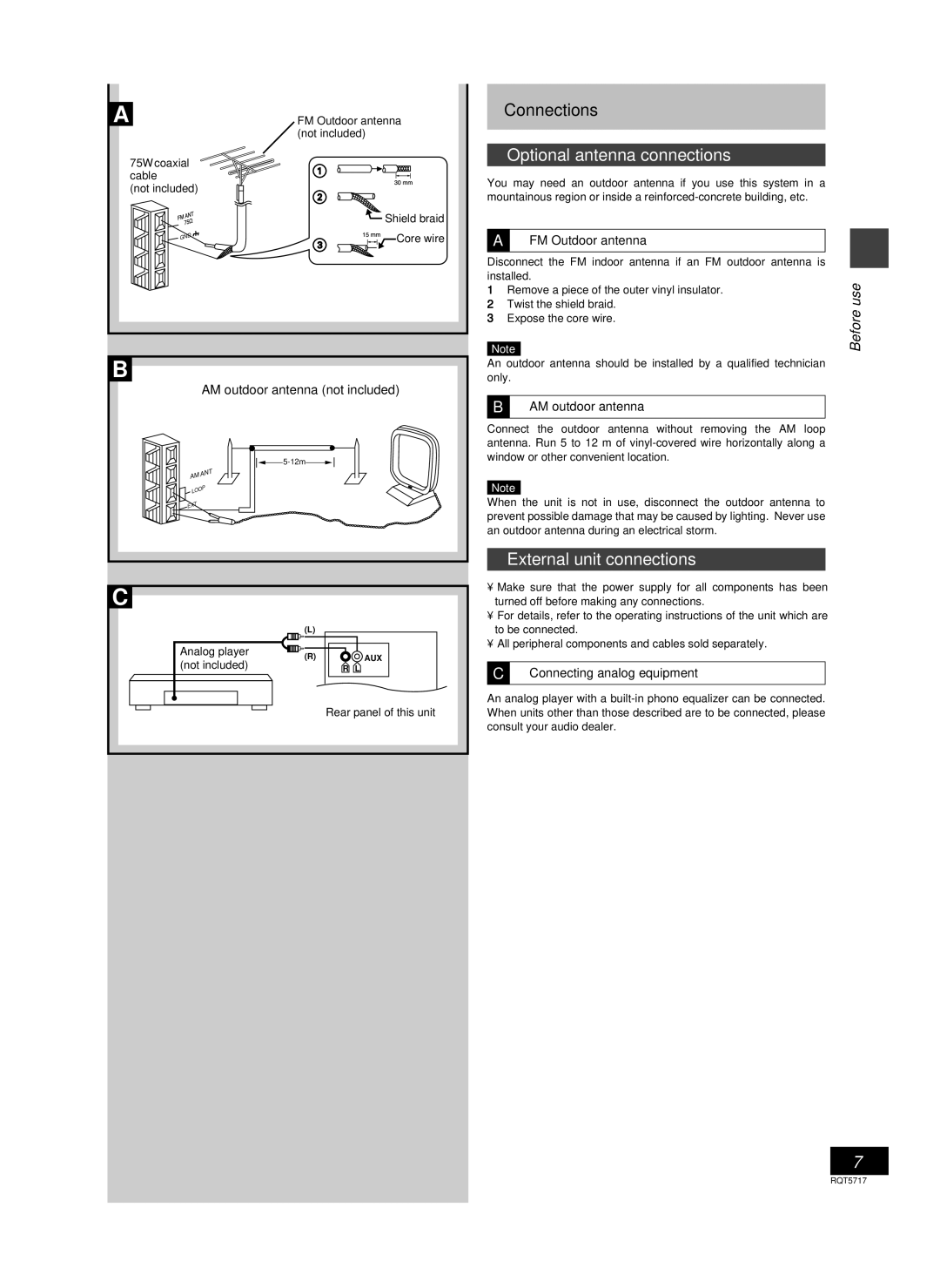 Panasonic SC-PM25 manual Connections, Optional antenna connections, External unit connections, Use 