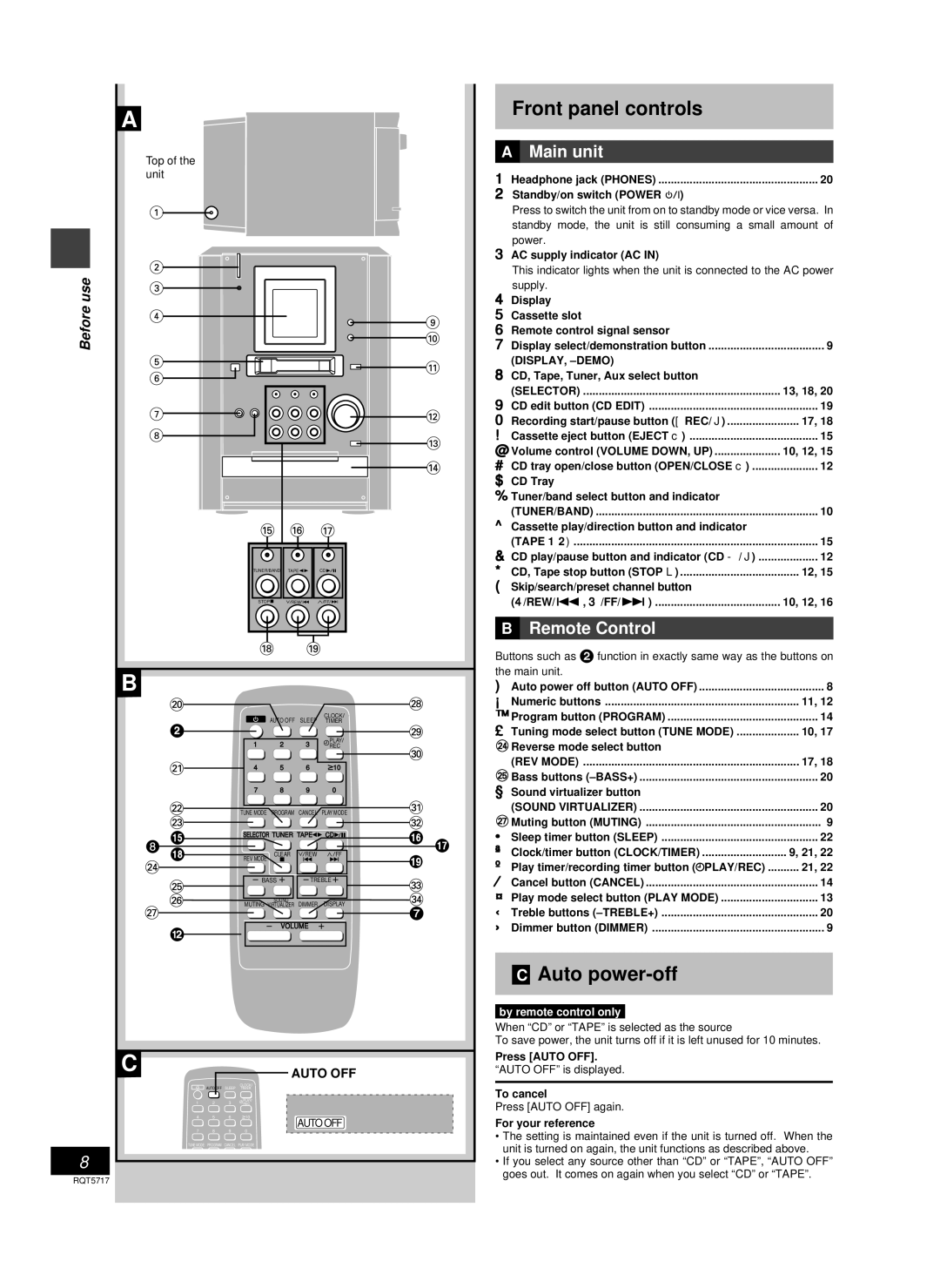 Panasonic SC-PM25 manual Front panel controls, Auto power-off, Main unit, Remote Control, Auto OFF 