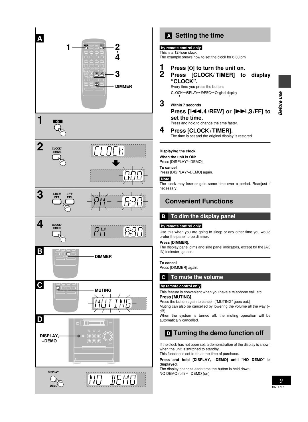 Panasonic SC-PM25 manual Setting the time, Convenient Functions, Turning the demo function off, To dim the display panel 