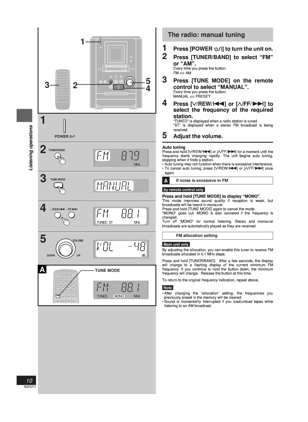 Panasonic SC-PM25 The radio manual tuning, Press POWER, to turn the unit on, Press TUNER/BAND to select “FM”, or “AM” 