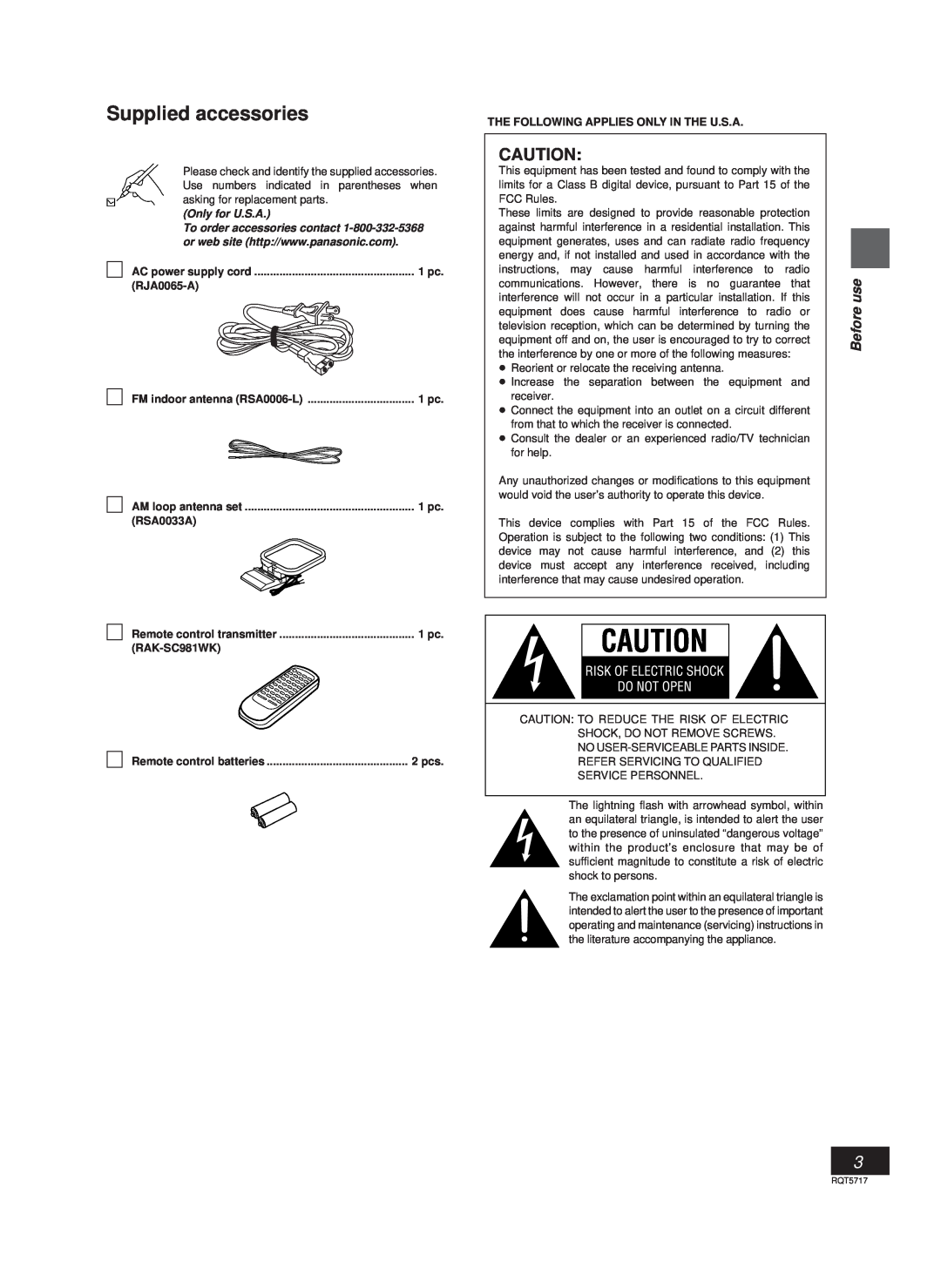 Panasonic SC-PM25 manual Supplied accessories, RJA0065-A, RSA0033A, RAK-SC981WK, The Following Applies Only In The U.S.A 