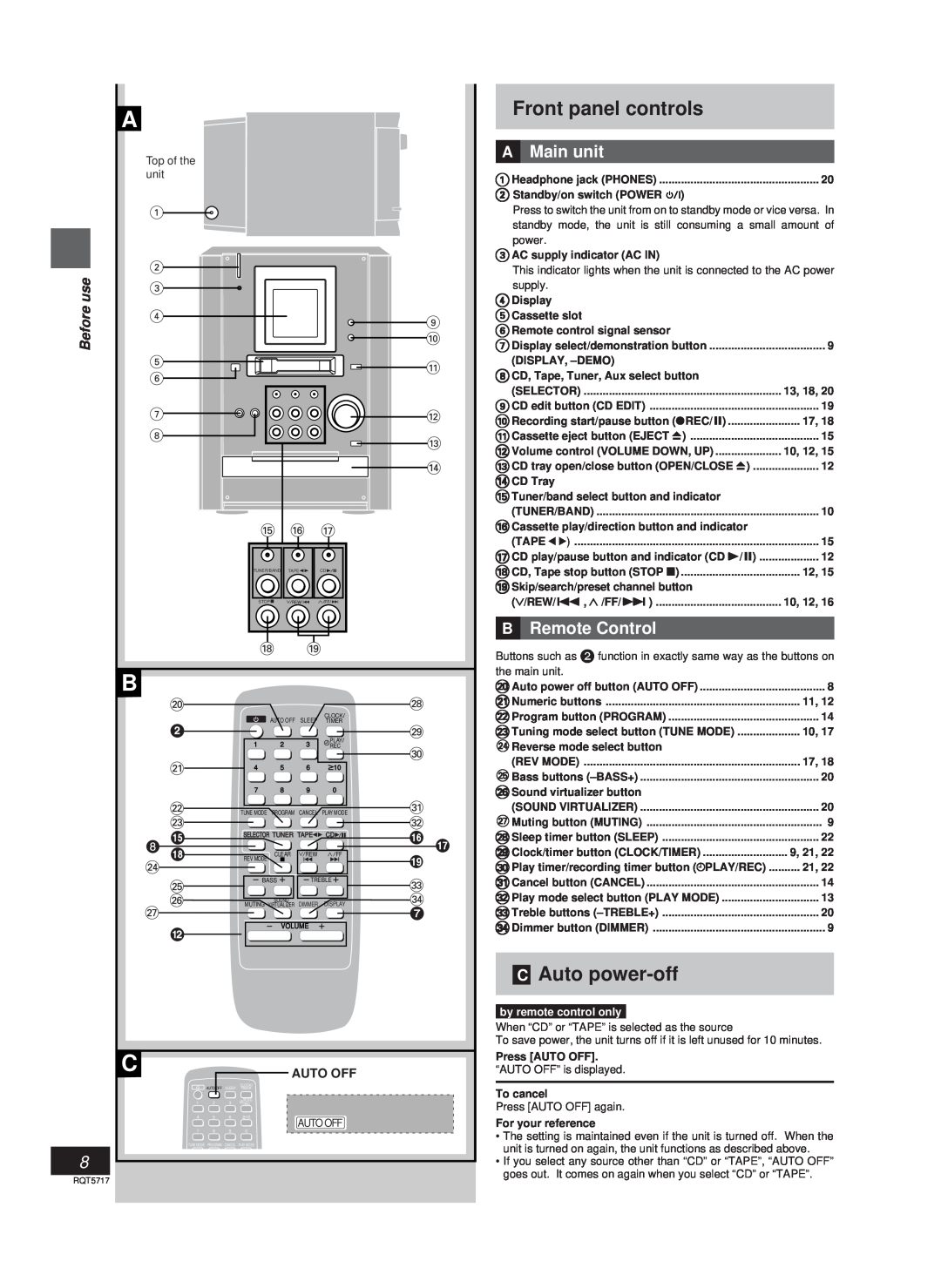 Panasonic SC-PM25 Front panel controls, CAuto power-off, AMain unit, BRemote Control, Auto Off, Standby/on switch POWER 